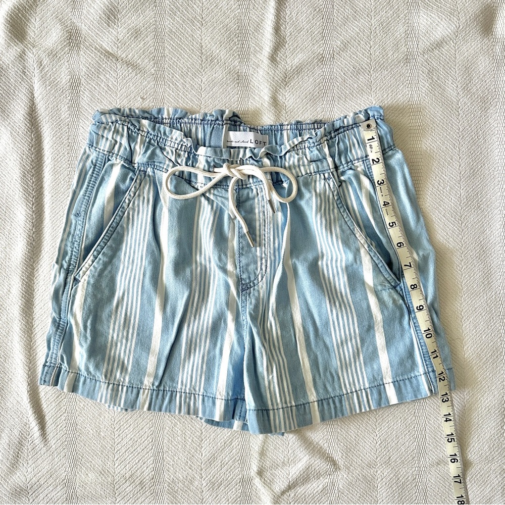 LOFT blue + white cabana stripe “paper bag” high-waisted drawstring shorts